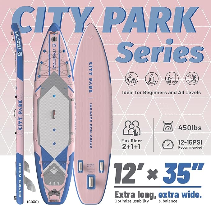 City Park 12'×35" Extra Wide Paddle Board with Seat, One-Stop Premium SUP Board Gears, Tailored 5 Fins, Stable Inflatable Stand Up Paddle Boards for Youth/Adults of All Levels