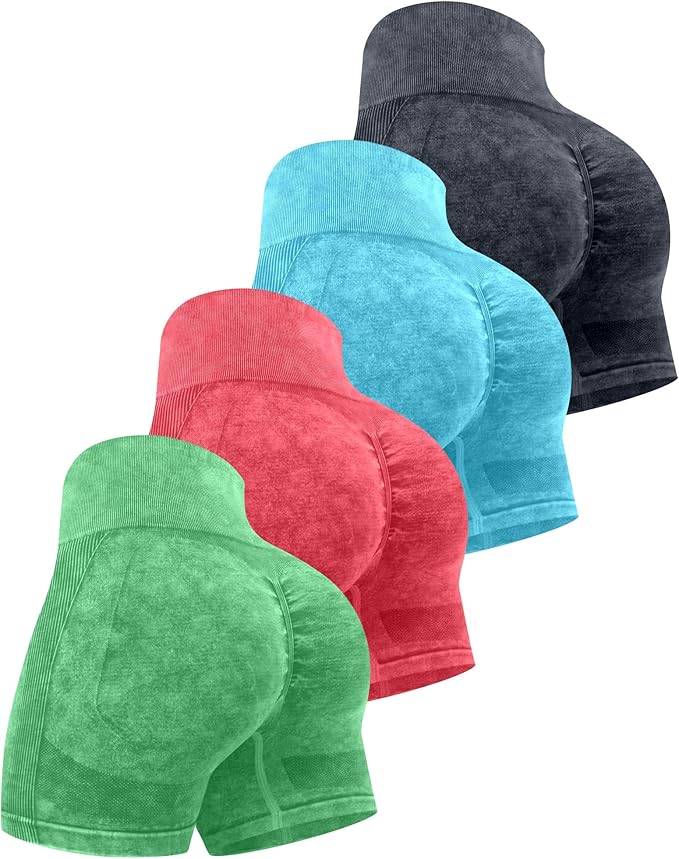 CHRLEISURE Women's 4 Packs Workout Gym Shorts, High Waisted Butt Lifting Scrunch Butt Seamless Booty Shorts