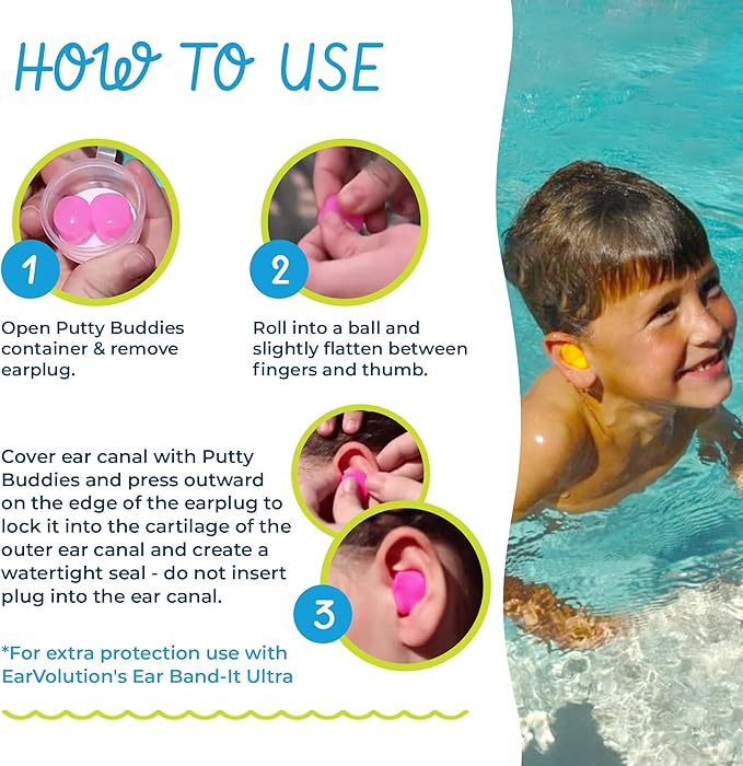 Earvolution Floating Putty Buddies Ear Plugs for Swimming - Invented by an Ear Physician - Moldable, Premium, Silicone - Floats on Water - Waterproof - Made in The USA - 3 Pack - Blue/Red/Green