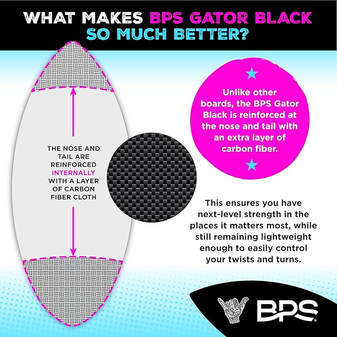 BPS New Zealand ‘Gator Black’ Fiberglass Skimboard with Padded Carry Bag Made from Recycled Plastics Performance Skimboard with Custom Traction Pads for Kids Adults Choose from 3 Sizes