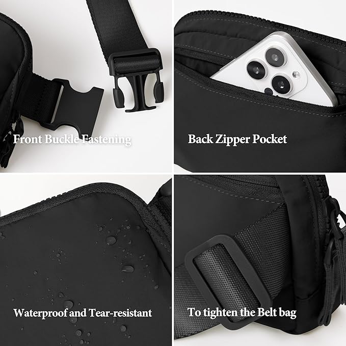 ODODOS Unisex Mini Belt Bag with Adjustable Strap Small Fanny Pack for Workout Running Traveling Hiking, Elegant Black