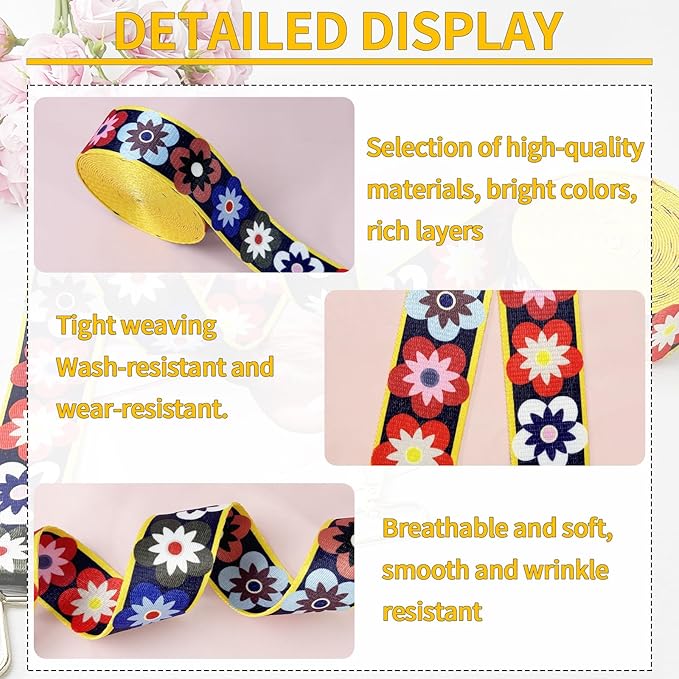 Printed Flower Nylon Webbing with Buckle 1 1/2 inch 6 Yards Black & Yellow Patterned Fabric Webbing Luggage Handle Jacquard Ribbon for Backpack Bags-Seatbelt-Clothing-Sewing-DIY Crafts & Projects