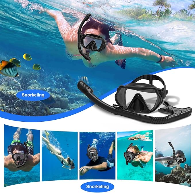 Snorkeling Gear, Dry Snorkel Set180° Panoramic Wide View,Anti-Fog Scuba Diving Mask, Professional Snorkeling Gear for Free Breathing, Swimming, Diving