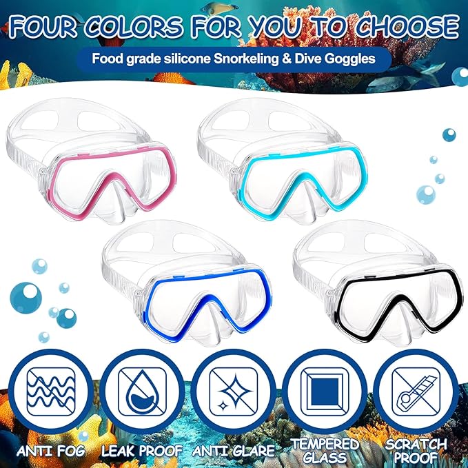 Hoolerry 4 Pcs Kids Nose Goggles Swim Goggles with Nose Cover for 3-8 Tempered Glass Snorkel Dive Mask Anti Fog with Elastic Strap No Leak Swimming Mask for Summer Diving Snorkeling
