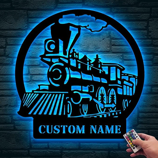 Personalized Metal Sign With LED Light, Train Room Decor, Railroad Wall Art, Custom Steam Train Home Decoration