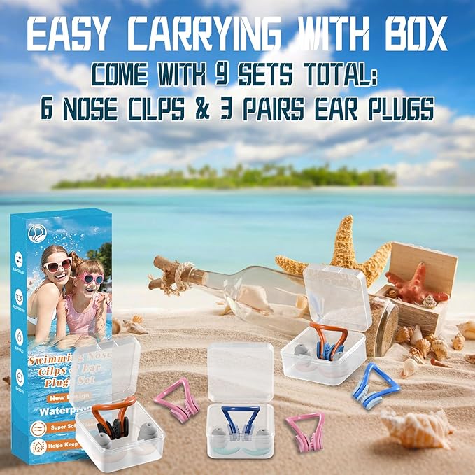 Swimming Nose Clip Ear Plugs - 9 Packs Silicone Swim Nose Plugs with Earplugs for Kids,Waterproof Pool Nose Plug for Diving Surfing and Other Water Sports with Storage Box,Multi-Color