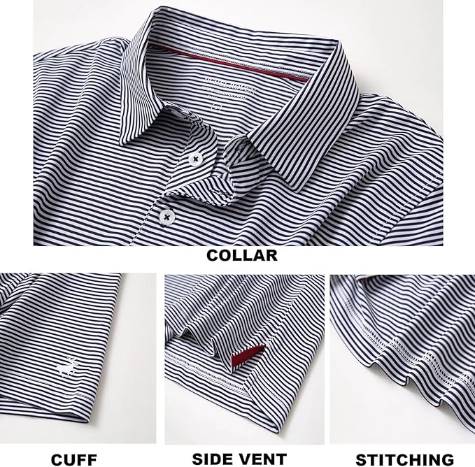 Mens Golf Shirt Moisture Wicking Dry Fit Performance Sport Short Sleeve Striped Golf Polo Shirts for Men