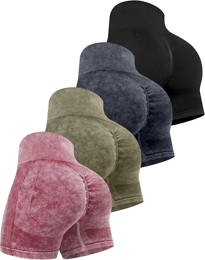 CHRLEISURE Women's 4 Packs Workout Gym Shorts, High Waisted Butt Lifting Scrunch Butt Seamless Booty Shorts