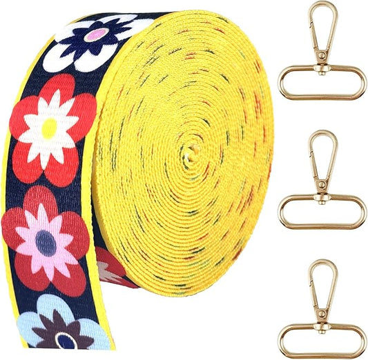 Printed Flower Nylon Webbing with Buckle 1 1/2 inch 6 Yards Black & Yellow Patterned Fabric Webbing Luggage Handle Jacquard Ribbon for Backpack Bags-Seatbelt-Clothing-Sewing-DIY Crafts & Projects
