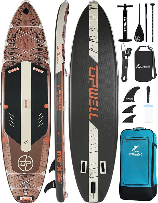 UPWELL 10'6"/11'/11'6" Inflatable Paddle Board, Stand Up Paddlboard for Youth & Adults, Stable Design, Premium SUP Accessories, Backpack, Leash, Hand Pump, Fins