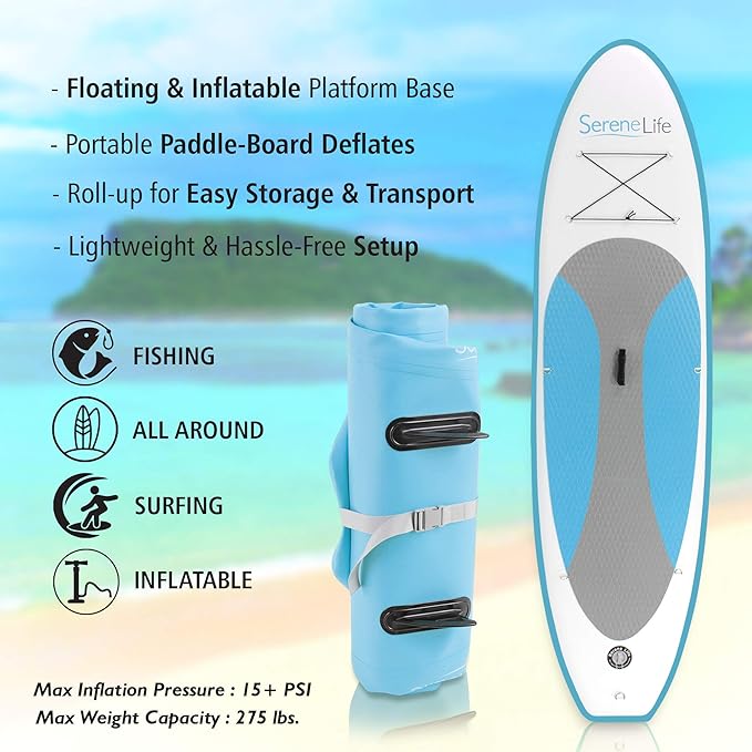 SereneLife Inflatable Stand Up Paddle Board with Premium SUP Accessories – Wide Stable Design with Non-Slip EVA Deck Pad for Adults and Youth of All Skill Levels