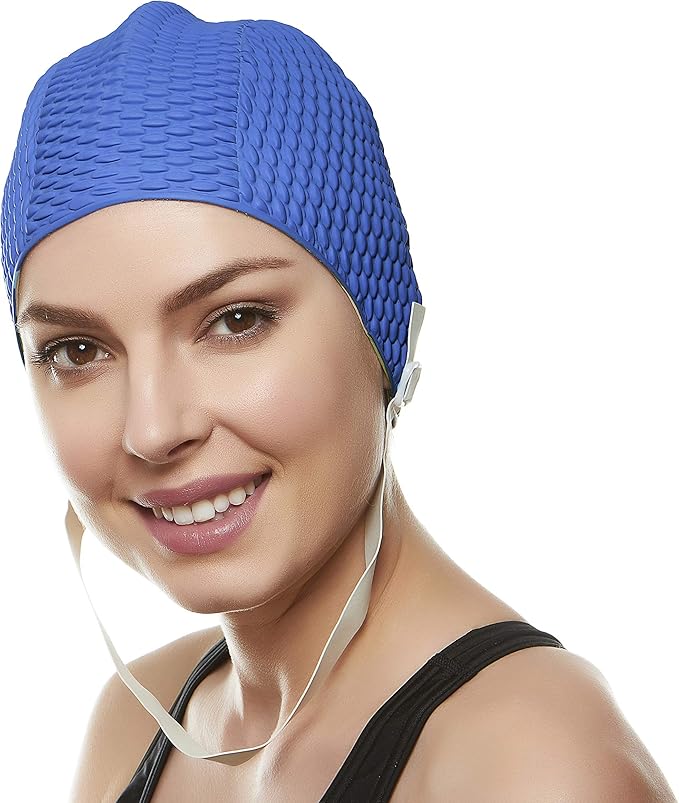 Beemo Swim Cap Women Chin Strap Bubble Crepe Latex Long Short Hair Swimming Caps