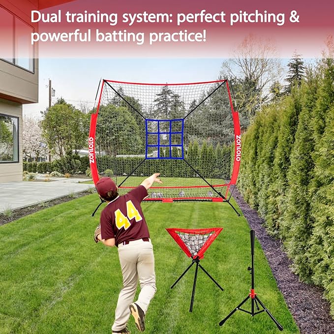 6x6ft Portable Baseball & Softball Net for Hitting，Pitching, Batting and Throwing, with Sturdy Bow Frame,Batting Tee, Ball Caddy and Strike Zone, Middel Size, Great for Kids!
