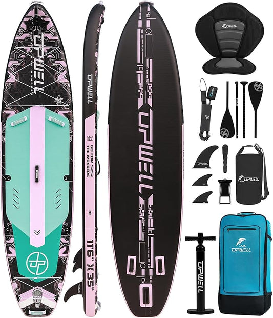 UPWELL 11'6"×35" Extra Wide Inflatable Paddle Board, Stand Up Paddle Board for Youth & Adults, Stable Design, Premium SUP Accessories, 120L Backpack, 10L Dry Bag, Paddle, Leash, Hand Pump, US Fins