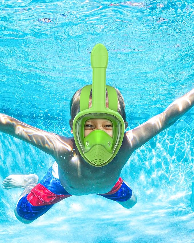 QingSong Kids Snorkel Mask Full Face, Snorkeling Set with Camera Mount, Foldable 180 Degree Panoramic View Snorkeling Gear Anti-Fog Anti-Leak