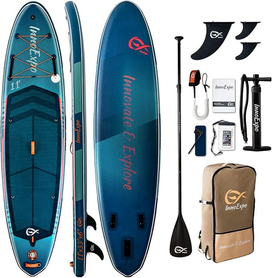 InnoExpo 11' Inflatable Stand Up Paddle Boards with Premium Accessories, Wide Stable SUP Paddle Board Design, Non-Slip Comfort Deck for Youth & Adults