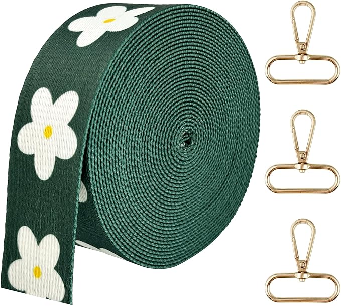 Printed Flower Nylon Webbing with Buckle 1 1/2 inch 6 Yards Deep Green Thick Patterned Fabric Webbing Luggage Handle Jacquard Ribbon for Backpack Bags-Seatbelt-Clothing-Sewing-DIY Crafts & Projects