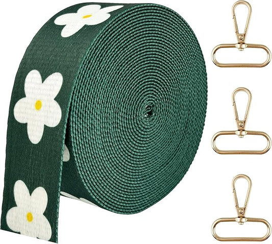 Printed Flower Nylon Webbing with Buckle 1 1/2 inch 6 Yards Deep Green Thick Patterned Fabric Webbing Luggage Handle Jacquard Ribbon for Backpack Bags-Seatbelt-Clothing-Sewing-DIY Crafts & Projects
