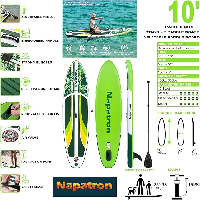 Napatron Family Inflatable Stand Up Paddle Board, Sup,Stable Wide Design,350LBS Capacity,Complete Paddle Board Package with Fast Action Pump,Leash,Ideal for Beginners/Youth & AllSkill Levels