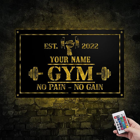 Personalized Home Gym LED Tin Metal Sign Multiple Sizes, Gym Sign Wall Decor, Exercise Workout Room Decor Fitness Center, Motivational Inspirational Hanging Wall Art Wall Plaque (01 w/lights)