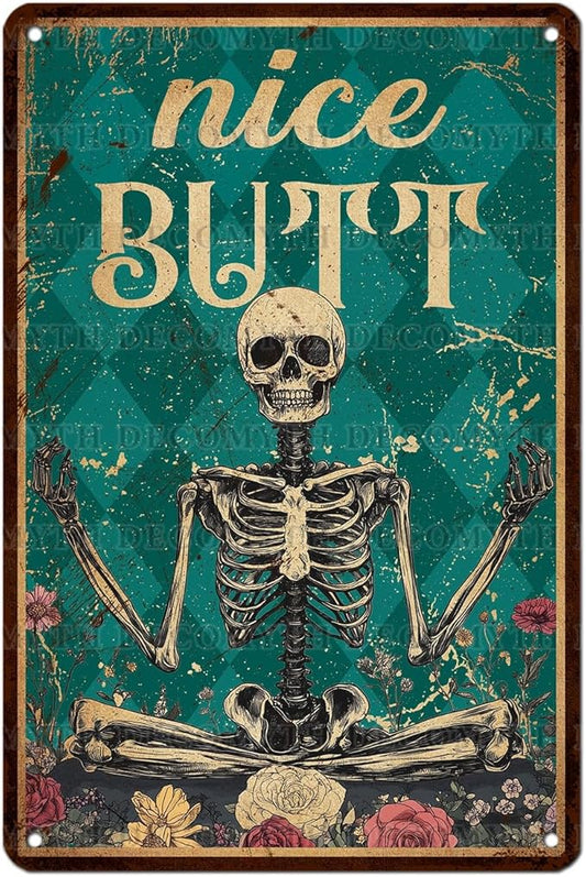 Skeleton Decor Tin Sign Retro Funny Skeleton Metal Sign for Bedroom Cafe Home Coffee Kitchen Bathroom Funny Wall Decor Art 12 * 8inch