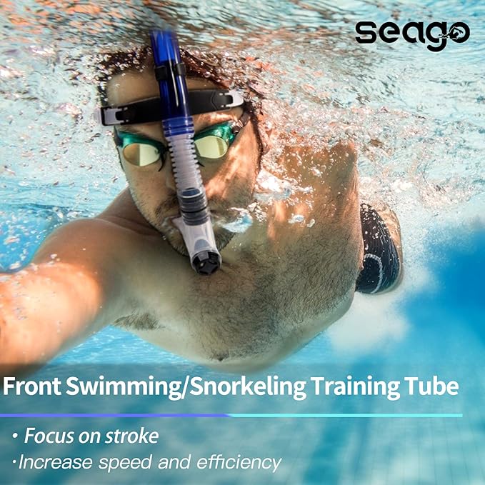 Seago Swim Snorkel for Lap Swimming, Dry Top Front Swimmer Snorkel for Adult Youth, Snorkel Gear Swimming Training Equipment in Pool and Open Water with Comfy Head Pads Food-Grade Silicone Mouthpiece