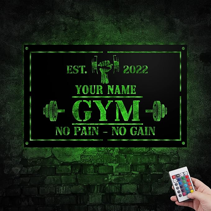 Personalized Home Gym LED Tin Metal Sign Multiple Sizes, Gym Sign Wall Decor, Exercise Workout Room Decor Fitness Center, Motivational Inspirational Hanging Wall Art Wall Plaque (01 w/lights)