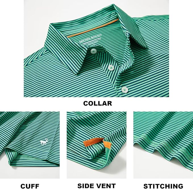 Mens Golf Shirt Moisture Wicking Dry Fit Performance Sport Short Sleeve Striped Golf Polo Shirts for Men