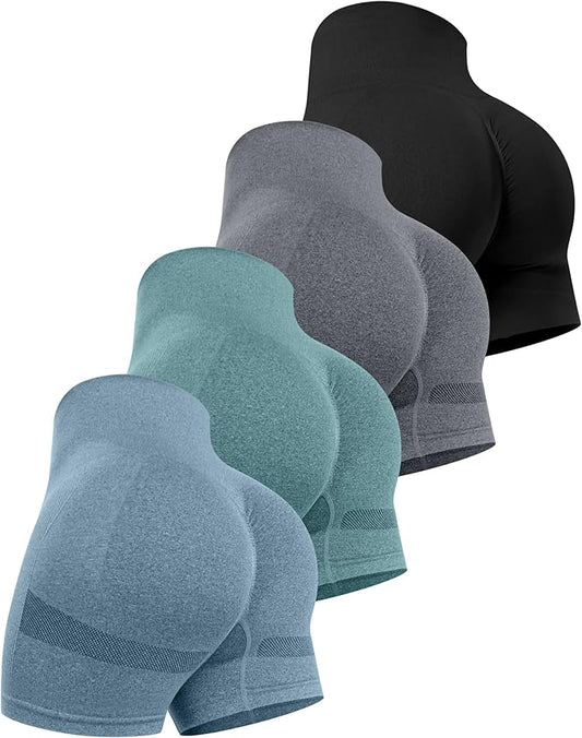 CHRLEISURE Women's 4 Packs Workout Gym Shorts, High Waisted Butt Lifting Scrunch Butt Seamless Booty Shorts