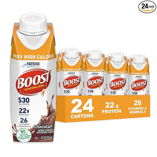 BOOST Very High Calorie Nutritional Drink – Helps Weight Gain & Maintenance - 530 Calories - 26 Vitamins & Minerals - 22 g Protein - Calorie-Dense Nutritional Drink - Chocolate - 8 fl oz (Pack of 24)