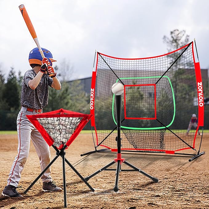 6x6ft Portable Baseball & Softball Net for Hitting，Pitching and Throwing, with Sturdy Bow Frame,Battting Tee,Ball Caddy and 2 Strike Zones, Perfect Pitching net for Kids!