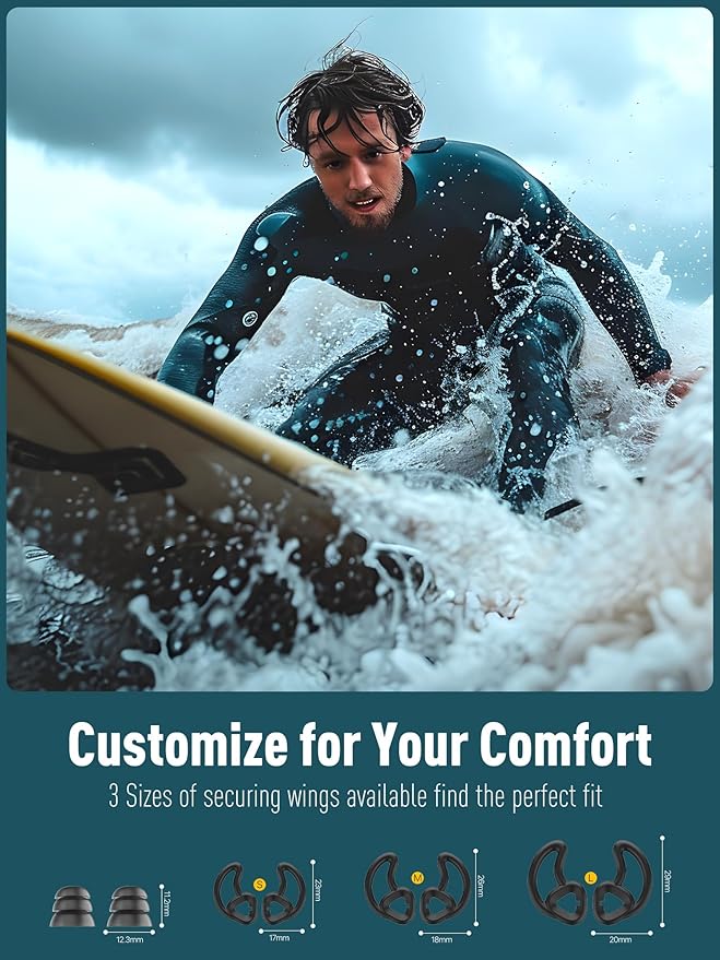 Ear Plugs for Swimming Surfing with String, Block Out Water Let Sound in, Reusable Comfy Custom-fit Swimmer Earplugs for Snorkeling, Shower, Pool, Swim, Bath, Kayaking, Other Water Activities