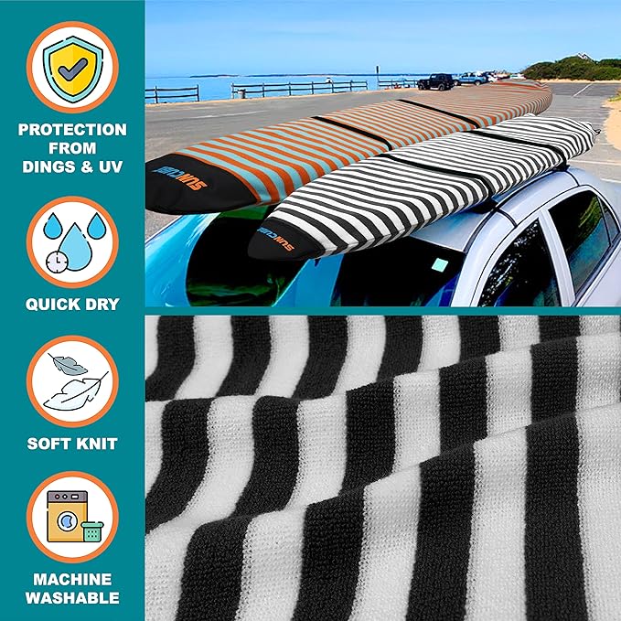 SUN CUBE Surfboard Sock Cover, Protective Surf Bag for Surfing Board, Light Stretchy Surfbag Sleeve for Longboard, Hybrid (8'6'', Black White)