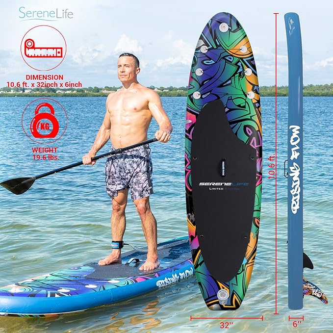 SereneLife Inflatable Stand Up Paddle Board with Premium SUP Accessories – Wide Stable Design with Non-Slip EVA Deck Pad for Adults and Youth of All Skill Levels