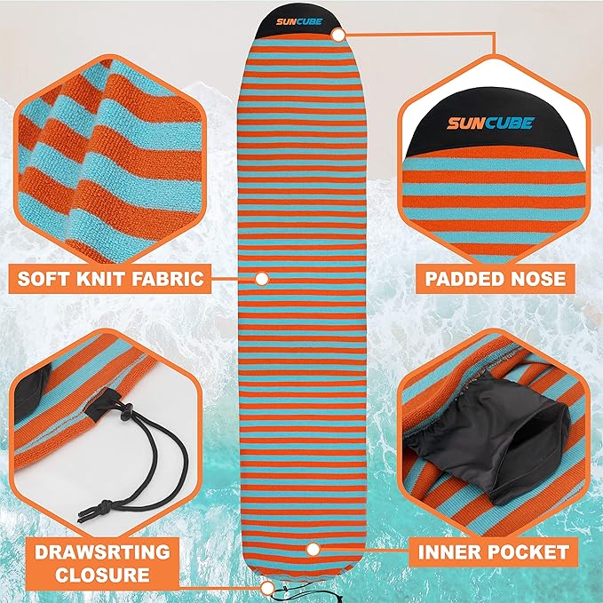 SUN CUBE Surfboard Sock Cover, Protective Surf Bag for Surfing Board, Light Stretchy Surfbag Sleeve for Longboard, Hybrid (8'6'', Black White)