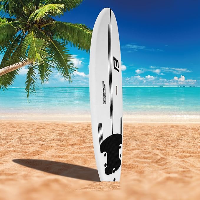 FLOWBOARD Surfboard Softboard Foam - Include (3) Fins 6’ Foot Leash and (2) Wood Stringers Inside Board Availalable in 6' and 7' Short Board and 8' Longboard
