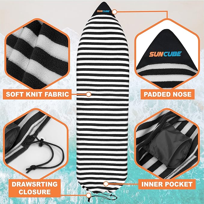 SUN CUBE Surfboard Sock Cover, Protective Surf Bag for Surfing Board, Light Stretchy Surfbag Sleeve for Longboard, Hybrid (8'6'', Black White)