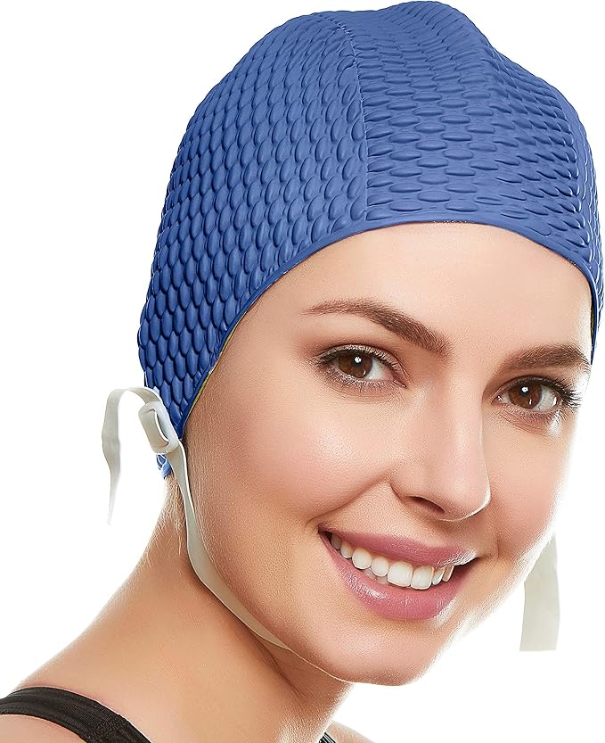 Beemo Swim Cap Women Chin Strap Bubble Crepe Latex Long Short Hair Swimming Caps