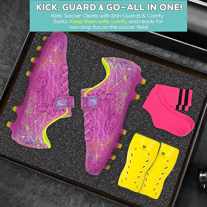 brooman Kids Firm Ground Soccer Cleats Girls Football Cleats with Shin Guards and Soccer Socks