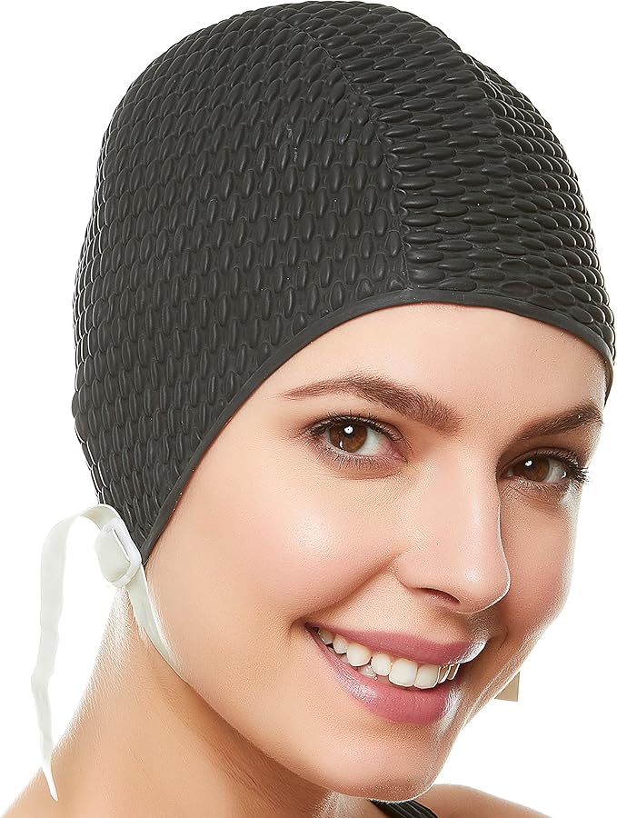 Beemo Swim Cap Women Chin Strap Bubble Crepe Latex Long Short Hair Swimming Caps