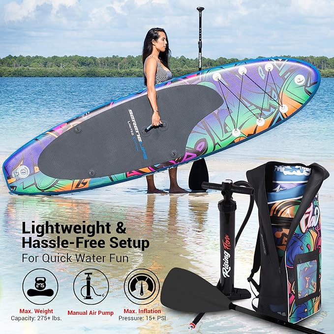 SereneLife Inflatable Stand Up Paddle Board with Premium SUP Accessories – Wide Stable Design with Non-Slip EVA Deck Pad for Adults and Youth of All Skill Levels
