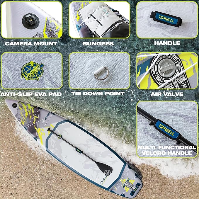 UPWELL 11’6”/11'2”/11'/10'8”/10'6”/10'2” Inflatable Stand Up Paddle Board with sup Accessories Including Backpack, Repairing Kits, Non-Slip Deck, Leash, 3 Fins, Paddle and Hand Pump