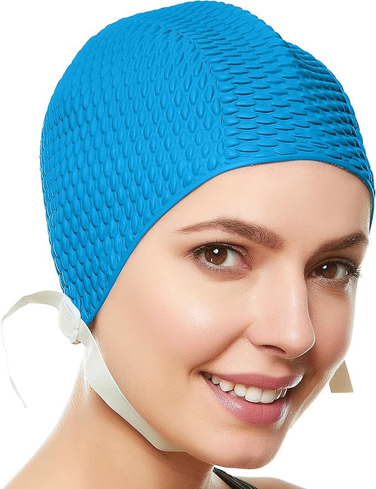 Beemo Swim Cap Women Chin Strap Bubble Crepe Latex Long Short Hair Swimming Caps
