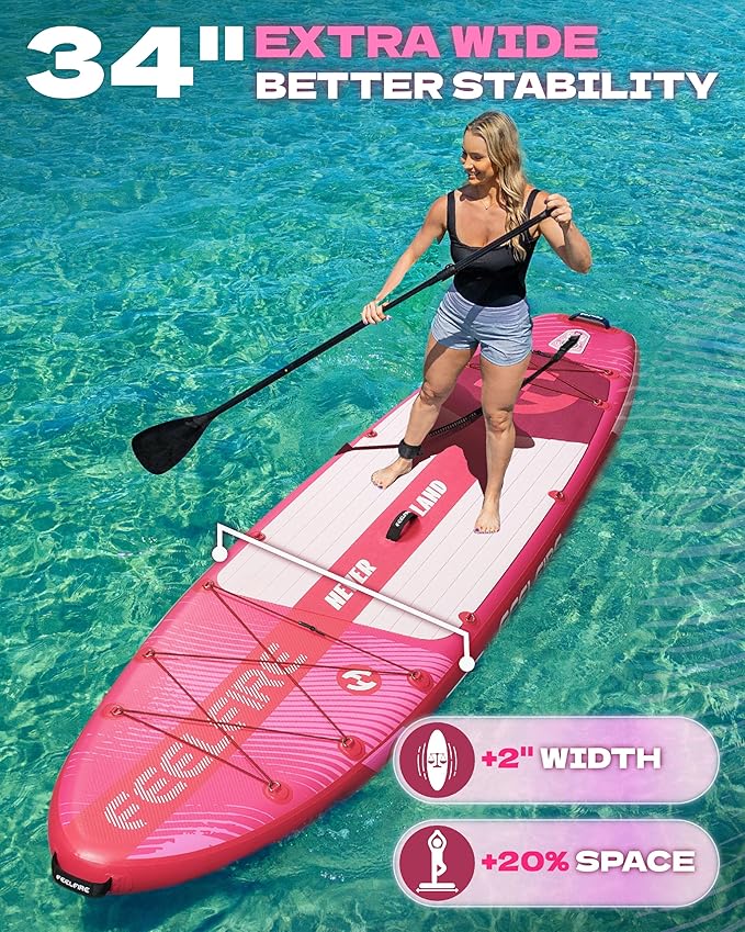 Feelfire11'x34” Extra Wide Inflatable Paddleboard, Stand-up Paddle Board for Adults, 420lb Capacity for Yoga/Fishing/Family, EVA Deck, US Fin, High-Pressure Pump, Storage Backpack, Safety Leash