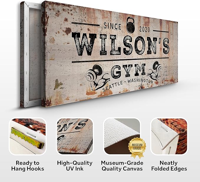 TAILORED CANVASES Personalized Gym Sign Wall Art Decor - Motivational Canvas s for Home Gym, Workout Room, Garage, Fitness Center - Workout Inspirational Posters - Kettlebell on Rustic, 48x24in