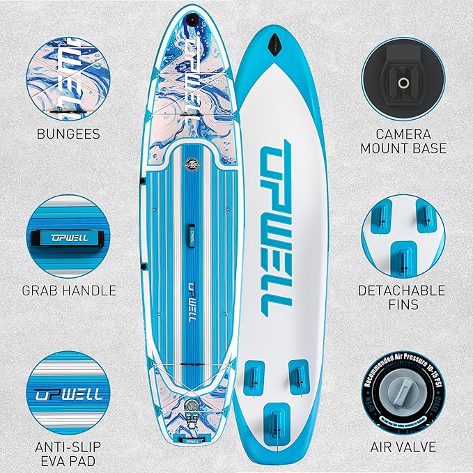 UPWELL 11’6”/11'2”/11'/10'8”/10'6”/10'2” Inflatable Stand Up Paddle Board with sup Accessories Including Backpack, Repairing Kits, Non-Slip Deck, Leash, 3 Fins, Paddle and Hand Pump