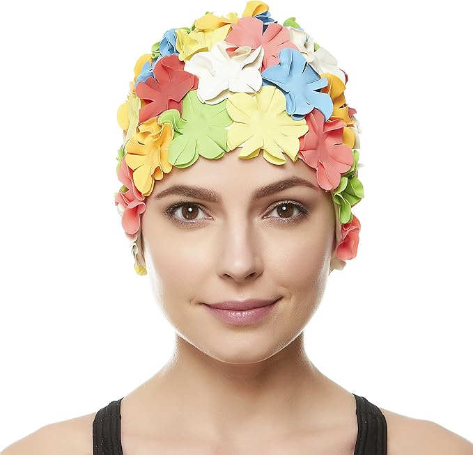 BEEMO Floral Petal Ladies Bathing Swim Cap Women Retro Swim Hat Long/Short Hair