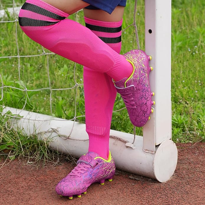 brooman Kids Firm Ground Soccer Cleats Girls Football Cleats with Shin Guards and Soccer Socks