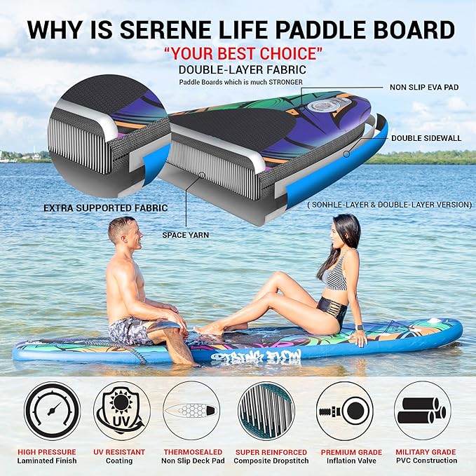 SereneLife Inflatable Stand Up Paddle Board with Premium SUP Accessories – Wide Stable Design with Non-Slip EVA Deck Pad for Adults and Youth of All Skill Levels